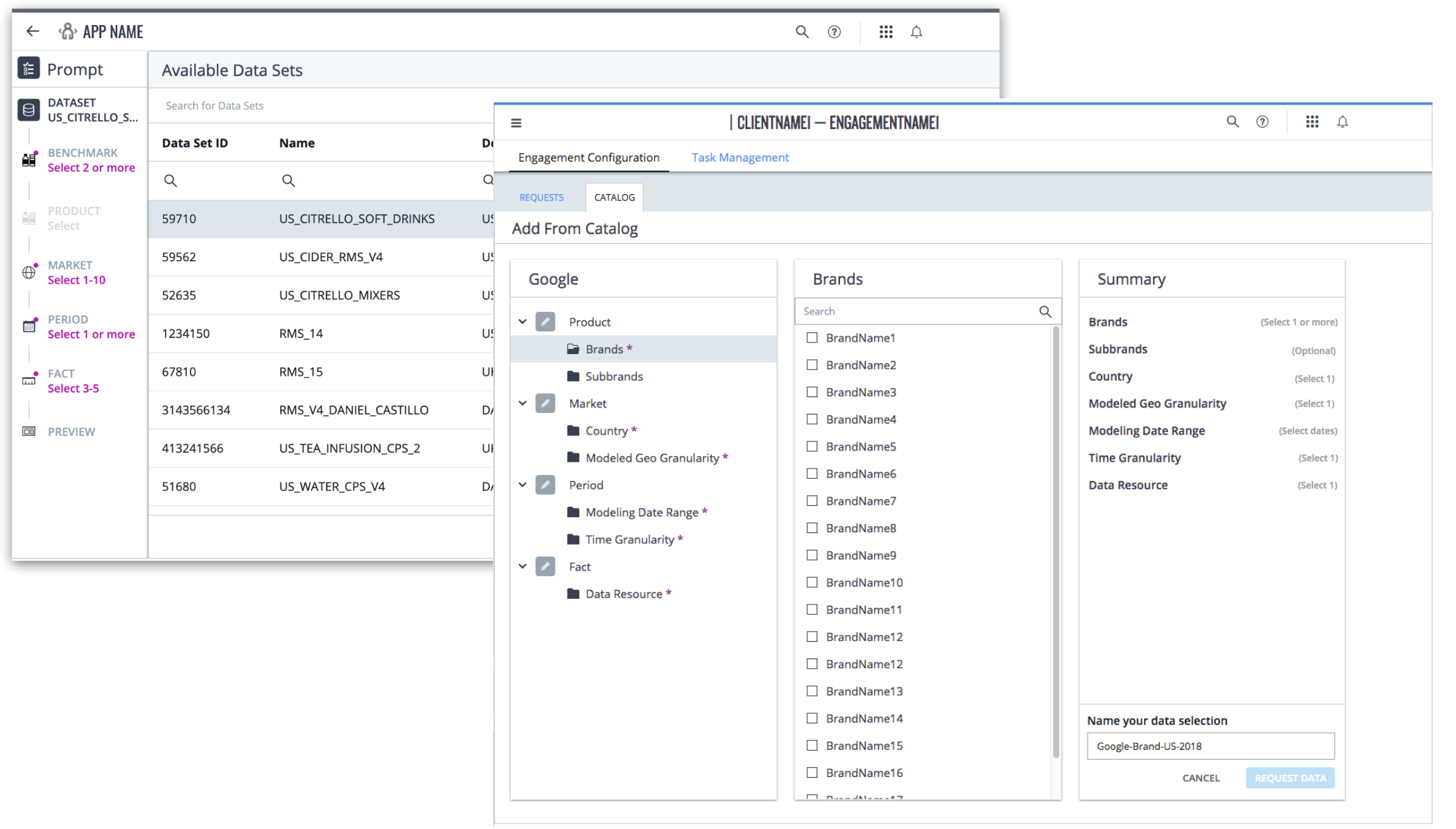 Screenshot of data source browsing catalog