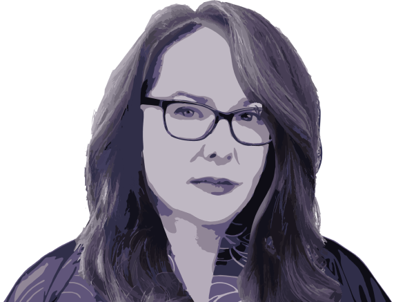 An illustration of Erin with pale skin, long hair and eyeglasses.